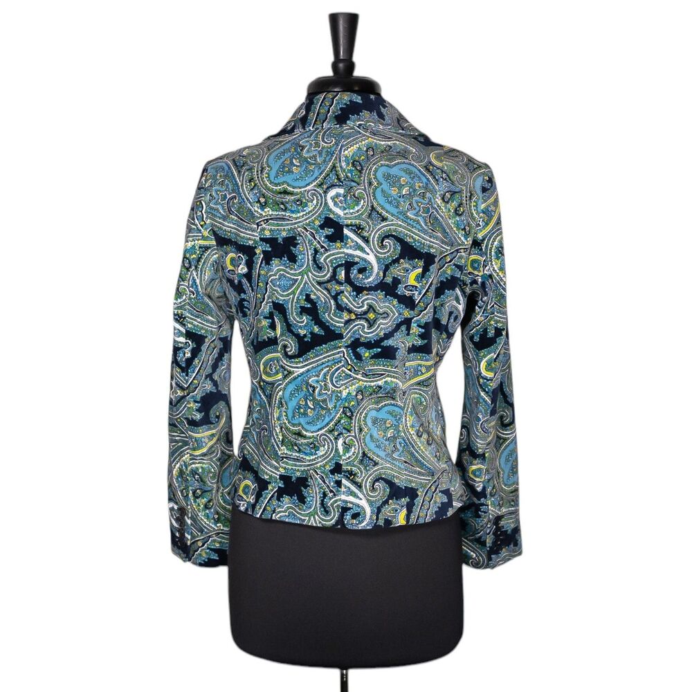 Talbots Womens Blazer 8P Petite Blue Green Paisley Velvet Stretch Lined Jacket - Picture 3 of 10
